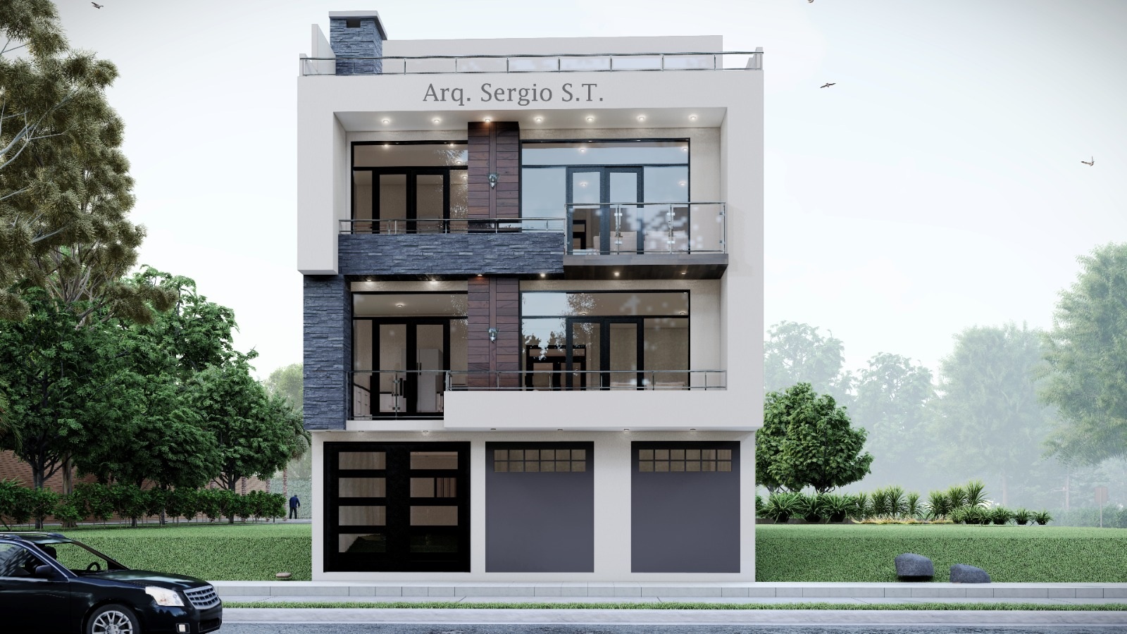 Casa contemporánea con piscina y montañas